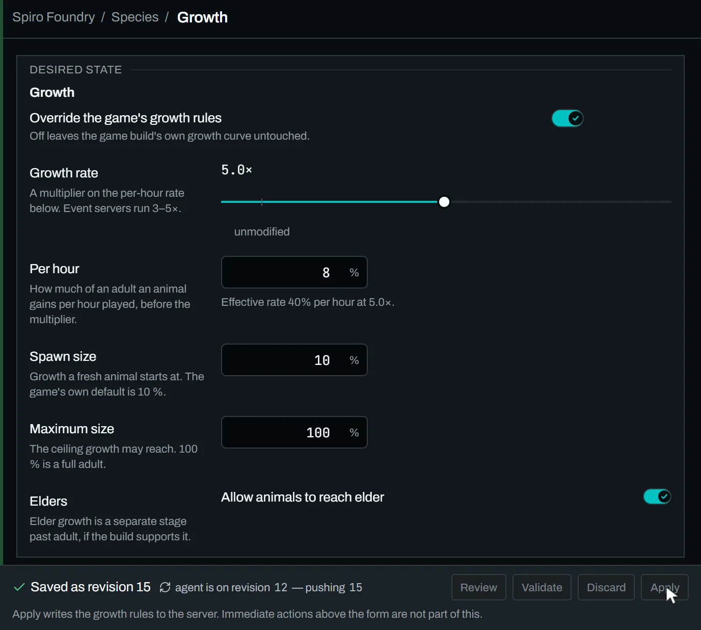 The growth rules screen. A growth-rate multiplier is dragged from 2.4x to 5.0x and the derived line under it updates to “Effective rate 40% per hour at 5.0x”. A save bar appears reading “1 unsaved change” beside a green “server has settings 12” chip, and after Apply it reads “Saved as settings 15” beside “server is on settings 12, receiving 15”.